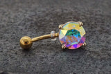 Round AB Aurora Borealis Yellow Gold Belly Ring - Gift Under 20