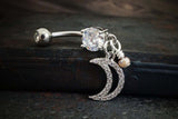 CZ Paved Crescent Moon Dangle 316L Surgical Steel Belly Button Navel Rings