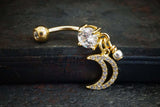 CZ Paved Crescent Moon Dangle Gold Belly Button Navel Rings