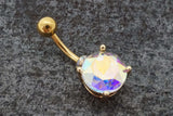 Round AB Aurora Borealis Yellow Gold Belly Ring - Gift Under 20