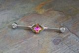 Pink CZ Vitrail Diamond Shaped Gem Industrial Barbell 14g or 16g