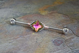 Pink CZ Vitrail Diamond Shaped Gem Industrial Barbell 14g or 16g