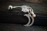 CZ Paved Crescent Moon Dangle 316L Surgical Steel Belly Button Navel Rings
