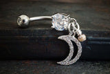 CZ Paved Crescent Moon Dangle 316L Surgical Steel Belly Button Navel Rings