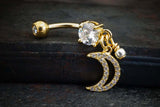 CZ Paved Crescent Moon Dangle Gold Belly Button Navel Rings