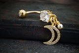 CZ Paved Crescent Moon Dangle Gold Belly Button Navel Rings