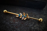 CZ Leaf Yellow Gold Industrial Barbell 14g 16g Scaffold