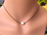 Simple White Pearl Gemstone Choker Necklace on You Choose Color Leather