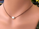 Simple White Pearl Gemstone Choker Necklace on You Choose Color Leather