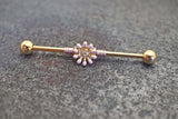 Pink Daisy Flower Yellow Gold Industrial Barbell 14g 16g Scaffold