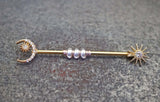 Sun and Moon Crystal 14 Gauge Gold Industrial Barbell Piercing Beaded