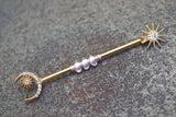 Sun and Moon Crystal 14 Gauge Gold Industrial Barbell Piercing Beaded