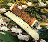 Ready to ship - Tooled Leather Watch Band Sunflowers Light Yellow