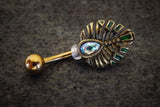 Egyptian Feather Navel Ring Abalone Shell Gold Belly Ring - Gift Under 20