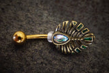Egyptian Feather Navel Ring Abalone Shell Gold Belly Ring - Gift Under 20