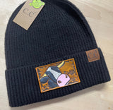 Holstein Cow Bull Tooled Leather Black Beanie Hat Unisex Winter Hat