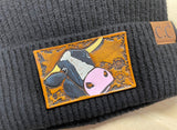 Holstein Cow Bull Tooled Leather Black Beanie Hat Unisex Winter Hat