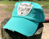 Turquoise Hat with Cow Bull Skull and Feathers Patch Hat