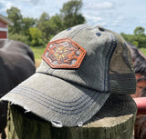 Olive Green Trucker Hat with Tooled Leather Flowers Patch Hat