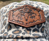 Tan Leopard Print Trucker Hat with Tooled Leather Cow Bull Skull and Flowers Patch Hat