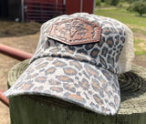 Tan Leopard Print Trucker Hat with Tooled Leather Cow Bull Skull and Flowers Patch Hat