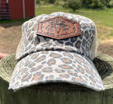 Tan Leopard Print Trucker Hat with Tooled Leather Cow Bull Skull and Flowers Patch Hat