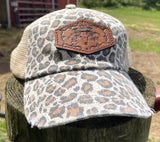 Tan Leopard Print Trucker Hat with Tooled Leather Cow Bull Skull and Flowers Patch Hat