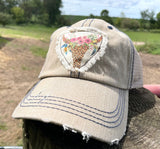 Beige Hat with Cow Bull Skull and Flowers Patch Hat