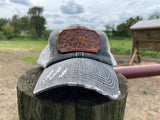 Distressed Black and Grey Trucker Hat with Tooled Leather Flower Patch Hat Ponytail Bun Hat