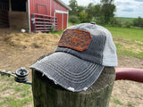 Distressed Black and Grey Trucker Hat with Tooled Leather Flower Patch Hat Ponytail Bun Hat