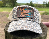 Sunflower Leopard Print Hat with Tooled Leather Flower Patch Hat Ponytail Bun Hat