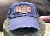 Navy Blue Womens Hat with Tooled Leather Flower Patch Hat Ponytail Bun Hat