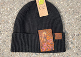 Brown Bear and Flowers Tooled Leather Black Beanie Hat Unisex Winter Hat