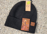 Brown Bear and Flowers Tooled Leather Black Beanie Hat Unisex Winter Hat