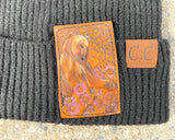 Brown Bear and Flowers Tooled Leather Black Beanie Hat Unisex Winter Hat