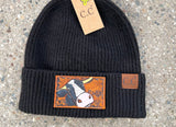 Holstein Cow Bull Tooled Leather Black Beanie Hat Unisex Winter Hat