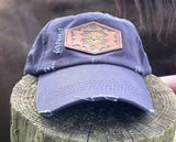 Navy Blue Womens Hat with Tooled Leather Flower Patch Hat Ponytail Bun Hat