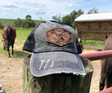 Distressed Black Hat with Tooled Leather Flowers Patch Hat