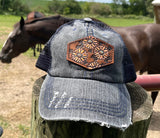 Distressed Black Hat with Tooled Leather Flowers Patch Hat