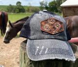 Distressed Black Hat with Tooled Leather Flowers Patch Hat