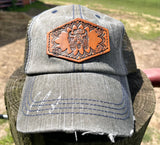 Army Green Trucker Hat with Tooled Leather Cow Bull Skull and Flowers Patch Hat