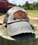 Army Green Trucker Hat with Tooled Leather Cow Bull Skull and Flowers Patch Hat