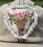 Beige Hat with Cow Bull Skull and Flowers Patch Hat