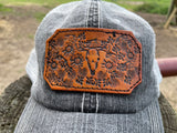 Distressed Black and Grey Trucker Hat with Tooled Leather Flower Patch Hat Ponytail Bun Hat