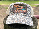Sunflower Leopard Print Hat with Tooled Leather Flower Patch Hat Ponytail Bun Hat