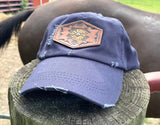 Navy Blue Womens Hat with Tooled Leather Flower Patch Hat Ponytail Bun Hat