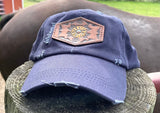 Navy Blue Womens Hat with Tooled Leather Flower Patch Hat Ponytail Bun Hat