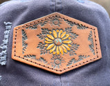 Navy Blue Womens Hat with Tooled Leather Flower Patch Hat Ponytail Bun Hat