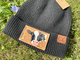 Holstein Cow Tooled Leather Black Beanie Hat Unisex Winter Hat