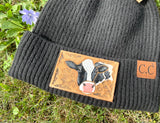 Holstein Cow Tooled Leather Black Beanie Hat Unisex Winter Hat